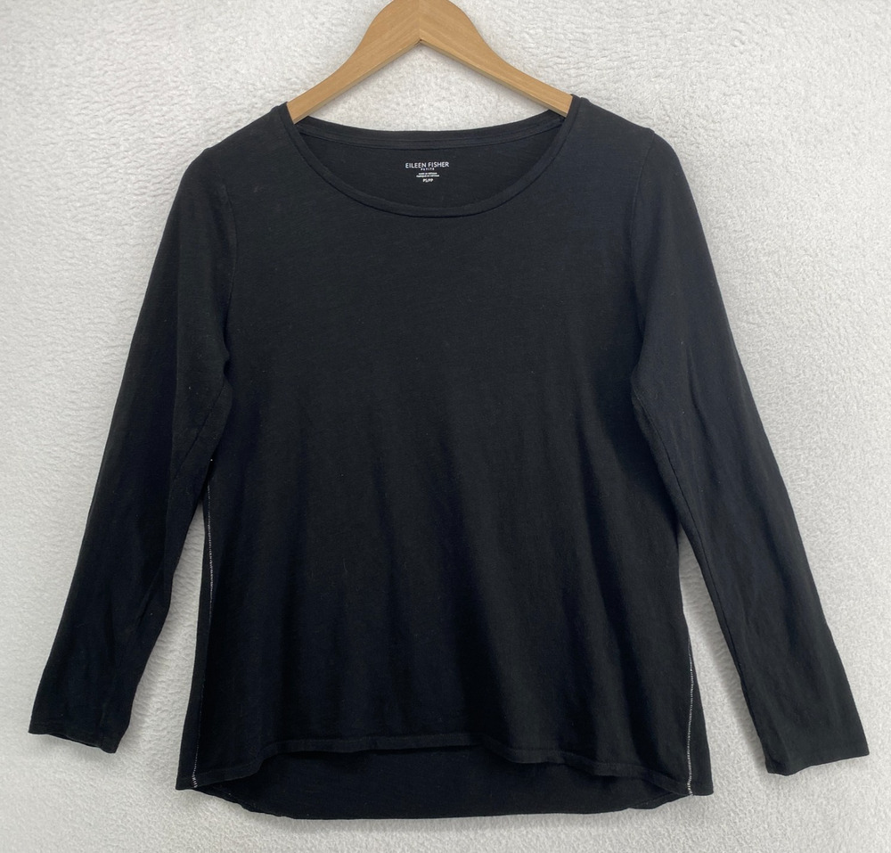 EILEEN FISHER Top PS Slub Cotton Jersey Contrast Stitch Long Sleeve Black